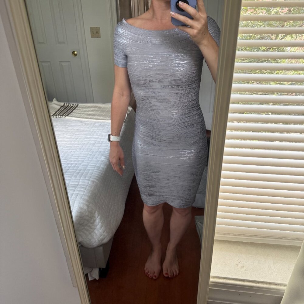 Hervé Léger Off-the-Shoulder Metallic Bandage Dress – Silver Haze | Size Small